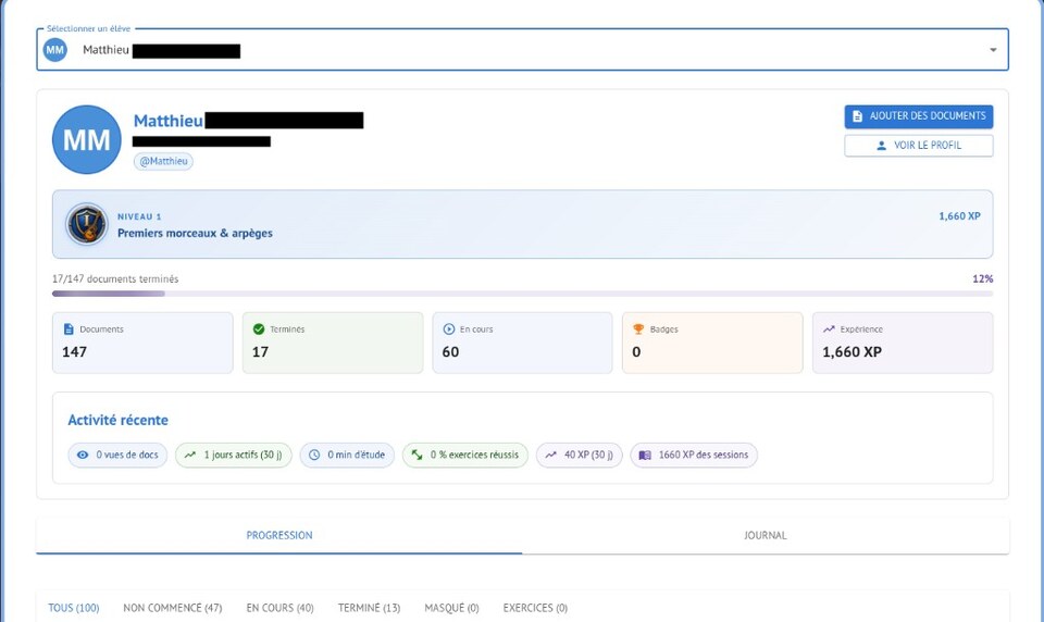 Vue progression avec niveau, XP, badges et statistiques de l'élève
